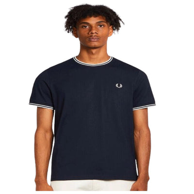 Fred Perry Men's Twin Tipped Tee Navy Crew Neck Cotton T-Shirt - Classic Style