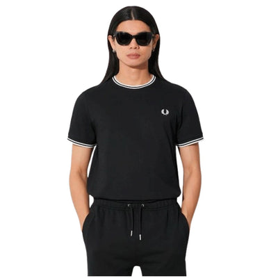 Fred Perry Men's Twin Tipped Tee Black Cotton T-Shirt - Iconic Casual Style