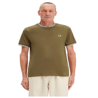 Fred Perry Men's Twin Tipped Tee Green Cotton T-Shirt - Iconic Casual Style