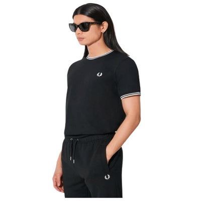 Fred Perry Men's Twin Tipped Tee Black Cotton T-Shirt - Iconic Casual Style