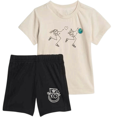 Adidas Kids Short Tee Set Beige/Black Boys & Girls Two-Piece Summer Outfit