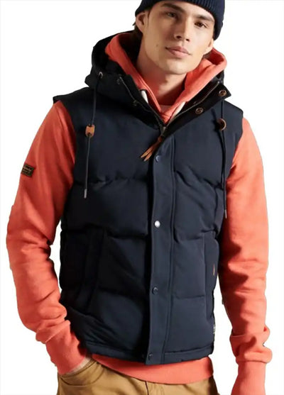 Superdry Gilet Mens Navy Sleeveless Hooded Everest Jacket Hiking Gilet Hoodie