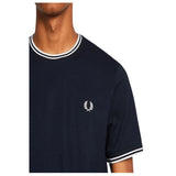 Fred Perry Men's Twin Tipped Tee Navy Crew Neck Cotton T-Shirt - Classic Style